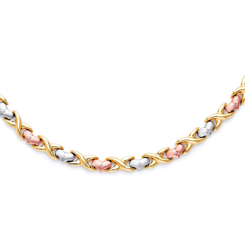 Tri-Color D/C X & Heart Stampato Link Necklace