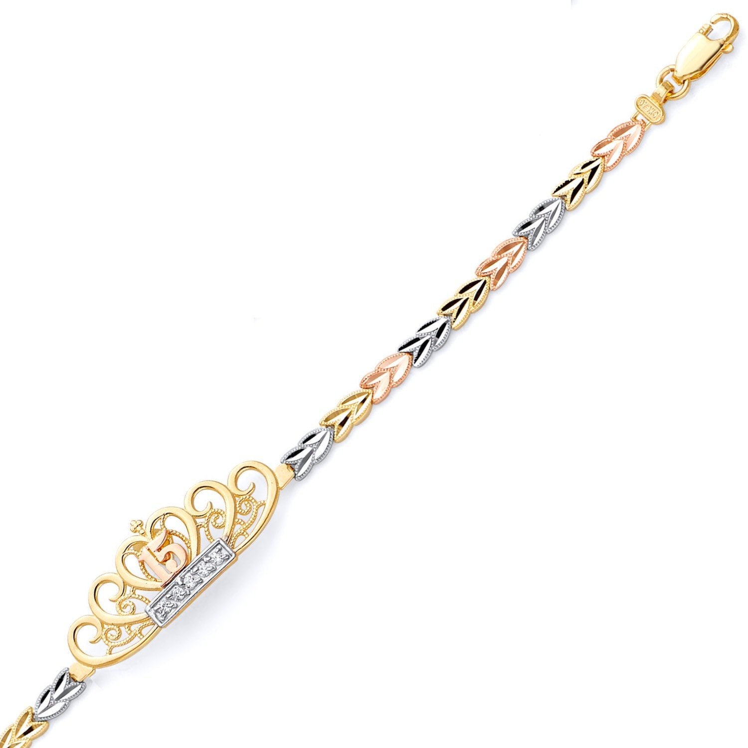 14k Gold Quinceanera Bracelet - 15 Diamond Cut Center Plate - 6mm TriColor Diamond Cut Heart Link Chain