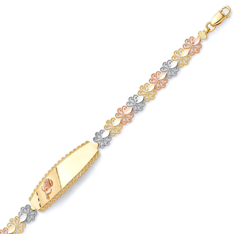 Tri-Color Diamond-Cut Rose Filigree ID Bracelet BR-20123