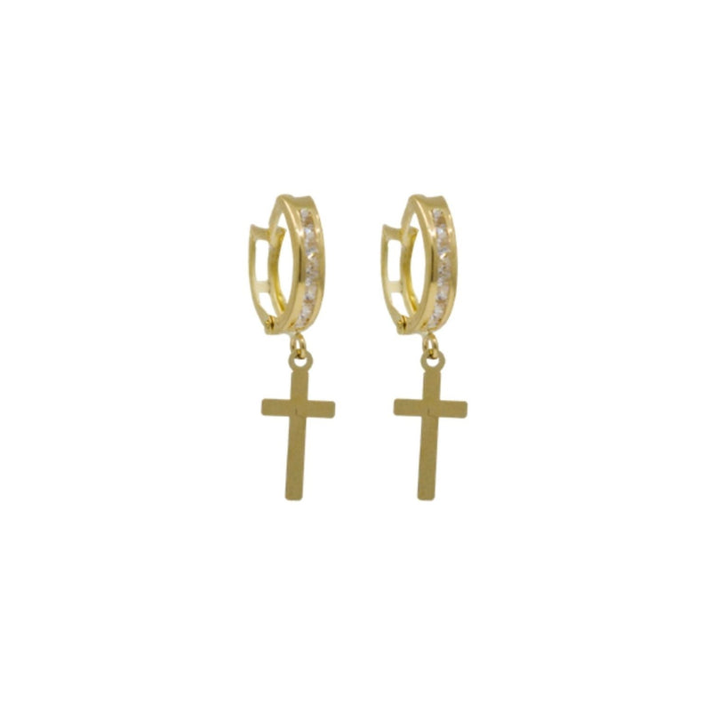 Yellow Gold CZ Hanging Cross Huggies Earrings ER-10148