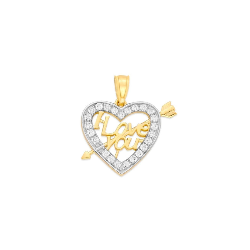 Yellow Gold CZ I Love You Cupid Bow and Heart Pendant PN-10356