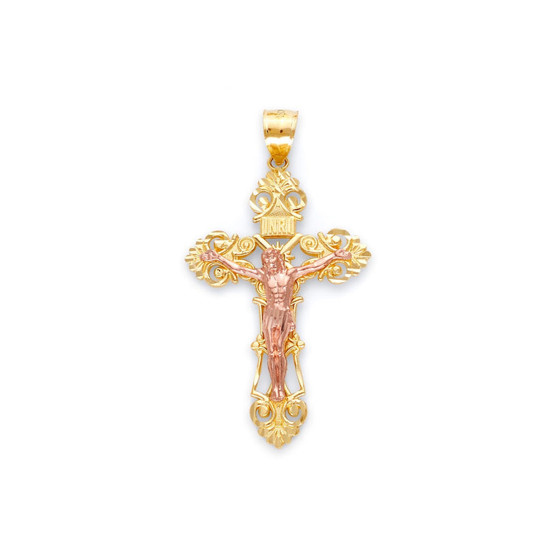 Yellow Gold INRI Fleur De Lis Cross Pendant with Rose Gold Jesus