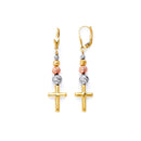 Tri-Color Diamond-Cut Bead Cross Drop-Earring
