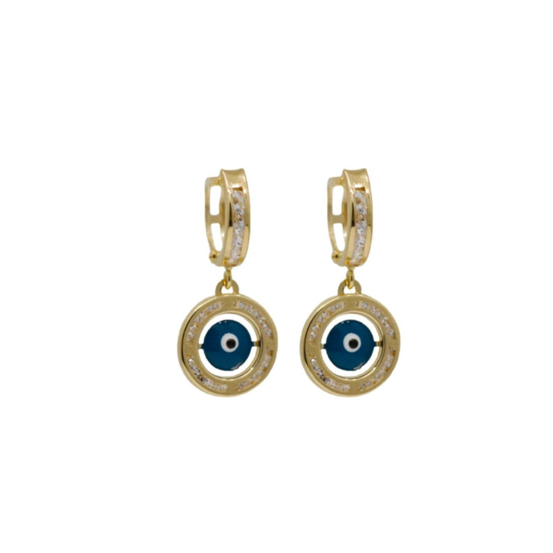 Yellow Gold CZ Hanging Blue Evil Eye Huggies Earrings ER-10149