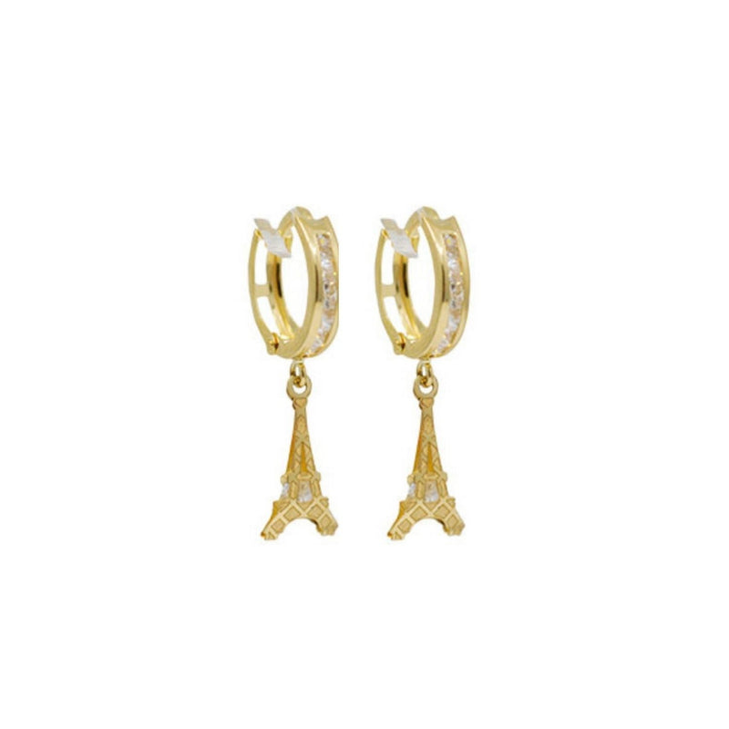 Yellow Gold CZ Hanging Eiffel Tower Huggies Earrings