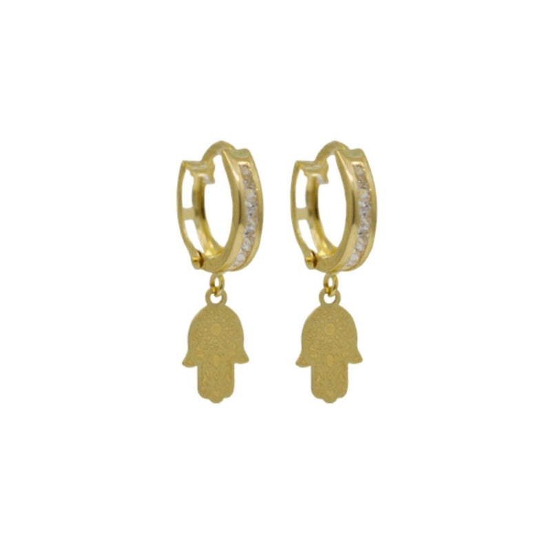 Yellow Gold CZ Hanging Hamsa Huggies Earrings ER-10150
