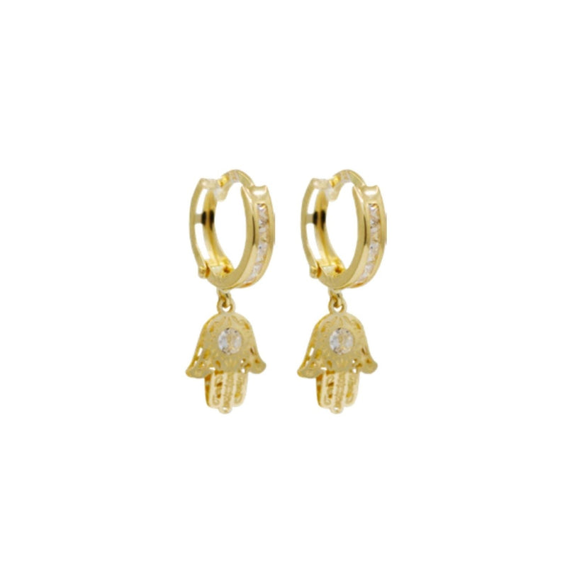 Yellow Gold CZ Hanging Hamsa Huggies Earrings ER-10152