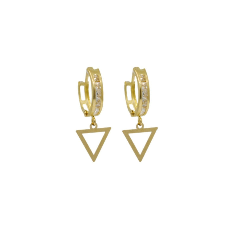 Yellow Gold CZ Hanging Triangle Huggies Earrings
