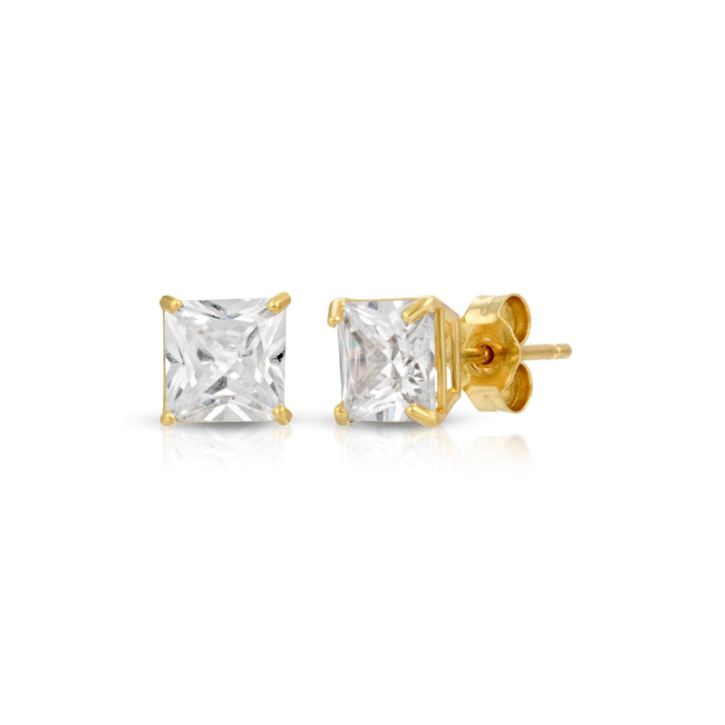 Yellow Gold CZ Square Stud Earrings