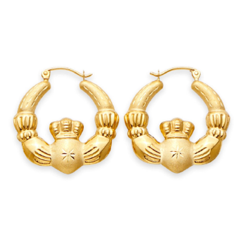 Yellow Gold Hollow D/C Claddagh Hoop Earring
