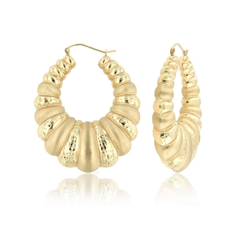 Yellow Gold Hollow Oval D/C Shrimp Hoop Earring