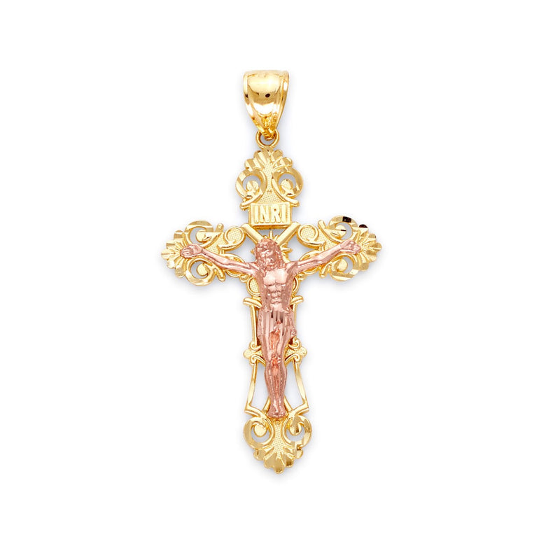 Yellow Gold INRI Fleur De Lis Cross Pendant with Rose Gold Jesus