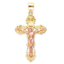 Yellow Gold INRI Fleur De Lis Cross Pendant with Rose Gold Jesus