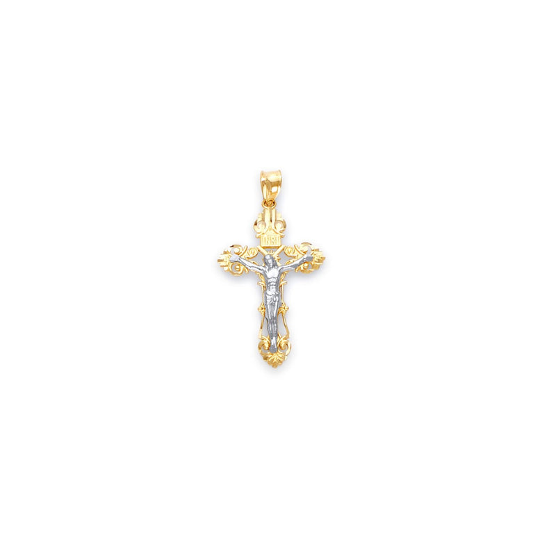 Yellow Gold INRI Fleur De Lis Cross Pendant with White Gold Jesus