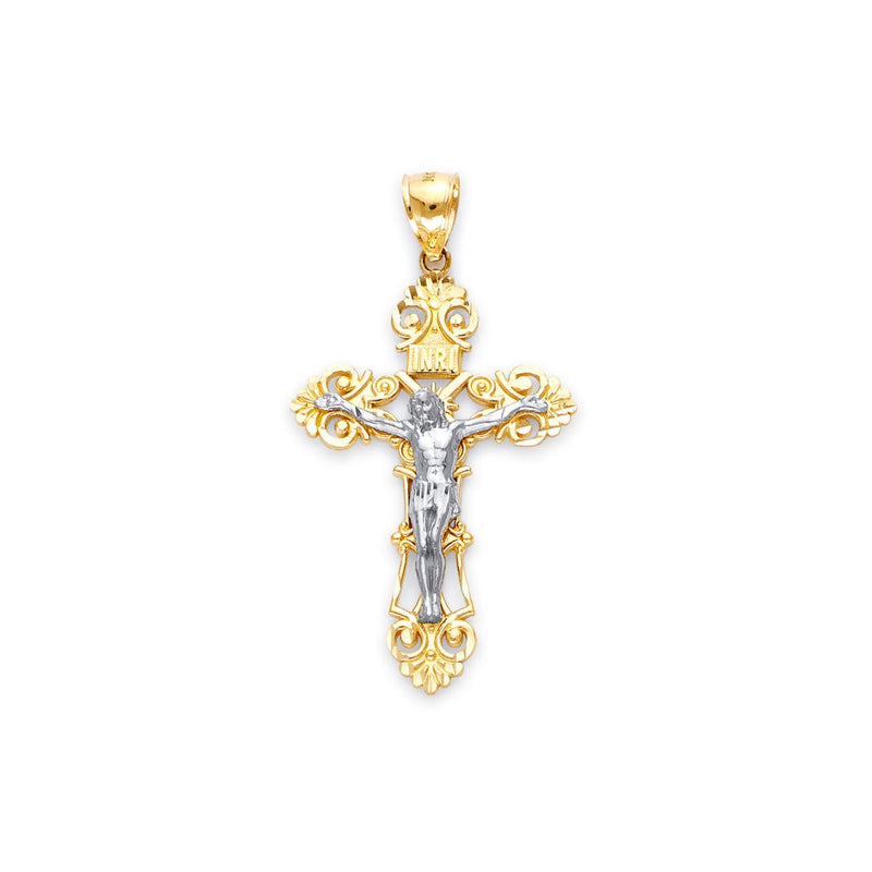 Yellow Gold INRI Fleur De Lis Cross Pendant with White Gold Jesus