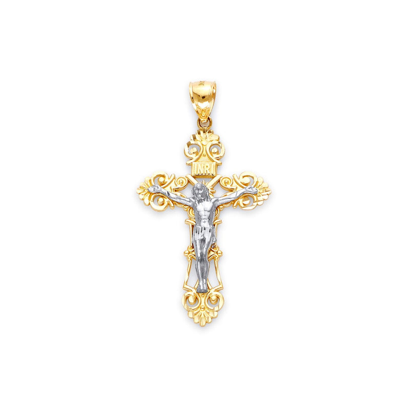 Yellow Gold INRI Fleur De Lis Cross Pendant with White Gold Jesus