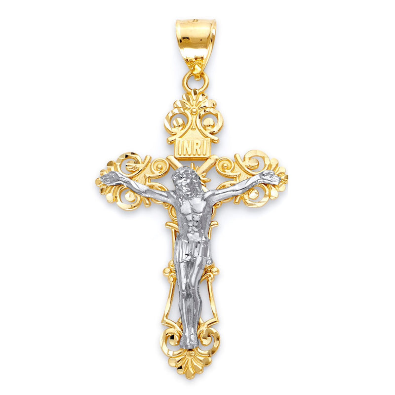 Yellow Gold INRI Fleur De Lis Cross Pendant with White Gold Jesus
