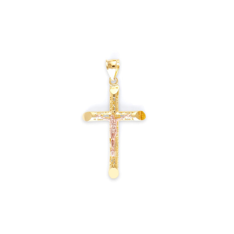 Yellow Gold Perforated Tube Cross Pendant with Rose Gold Jesus