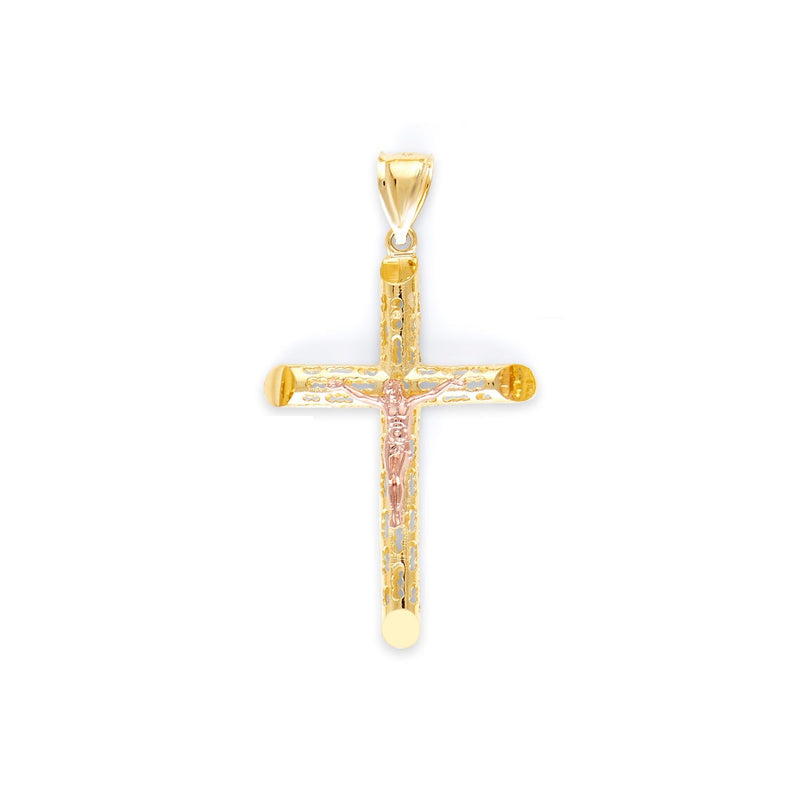 Yellow Gold Perforated Tube Cross Pendant with Rose Gold Jesus