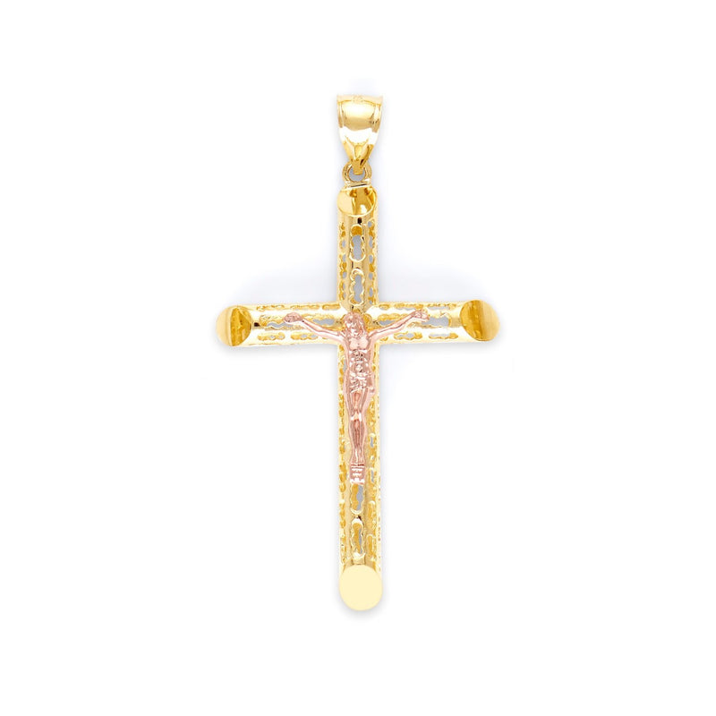 Yellow Gold Perforated Tube Cross Pendant with Rose Gold Jesus