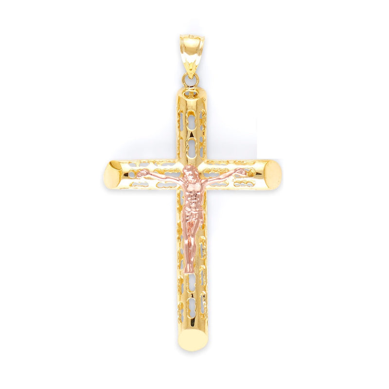 Yellow Gold Perforated Tube Cross Pendant with Rose Gold Jesus