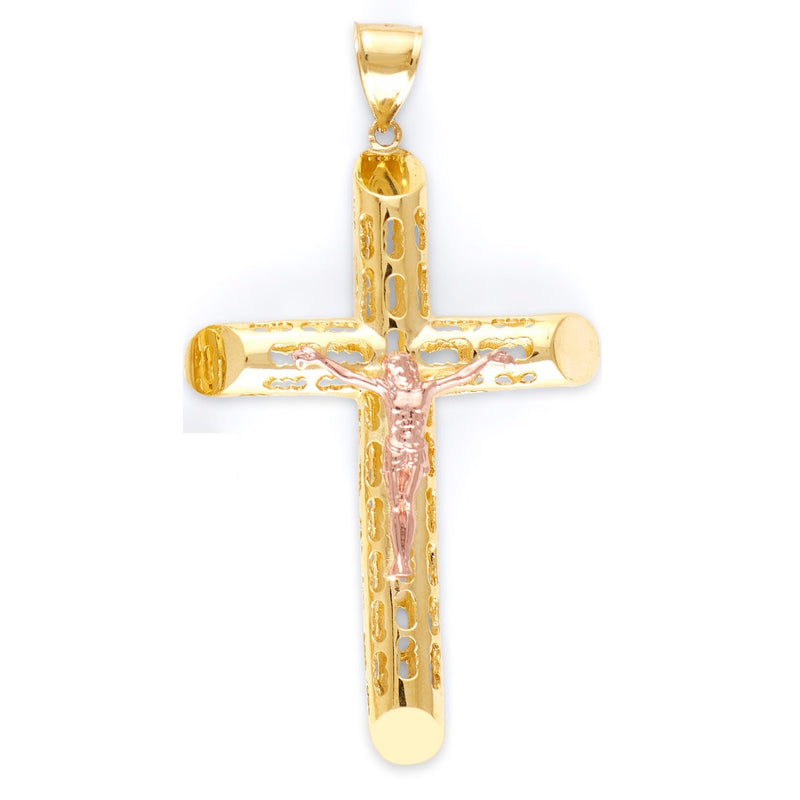 Yellow Gold Perforated Tube Cross Pendant with Rose Gold Jesus