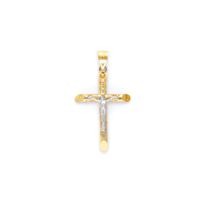 Yellow Gold Perforated Tube Cross Pendant with White Gold Jesus