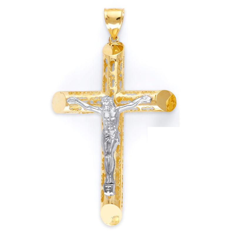 Yellow Gold Perforated Tube Cross Pendant with White Gold Jesus
